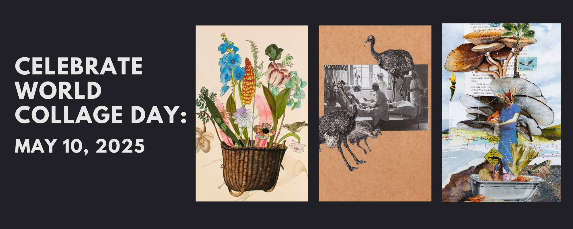 Title image for the blog "Celebrate World Collage Day" with images of three examples of collages in the GVSU Art Museum Collection.